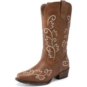 Women's Brown Western Cowgirl Mid Calf Boots Square Toe Embroidered Chunky Heel